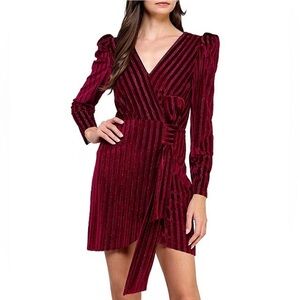 Layered With Love Yasmeen Puff Sleeve V-Neck Shadow Stripe Red Velvet Mini Dress